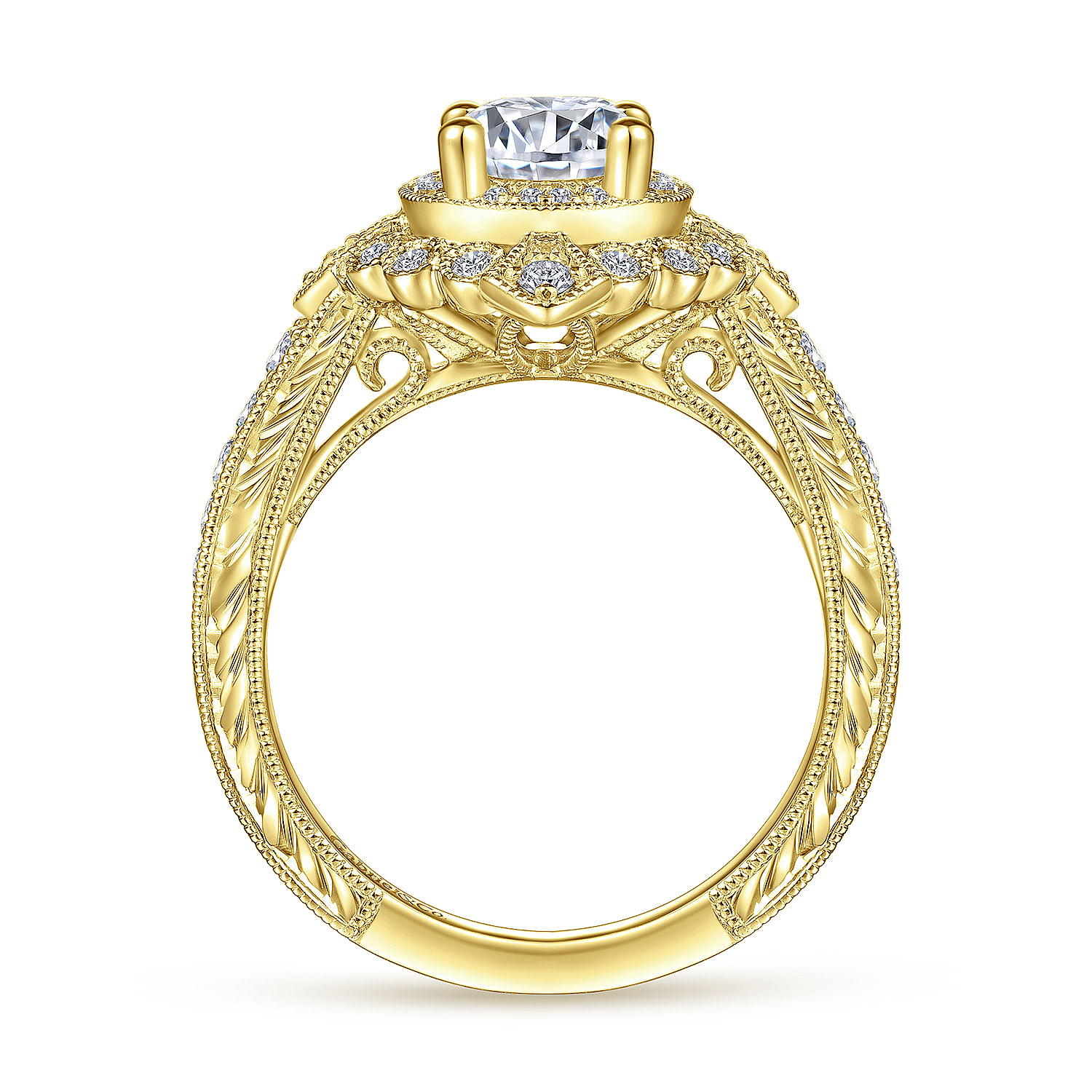 Art Deco 14K Yellow Gold Round Double Halo Diamond Engagement Ring