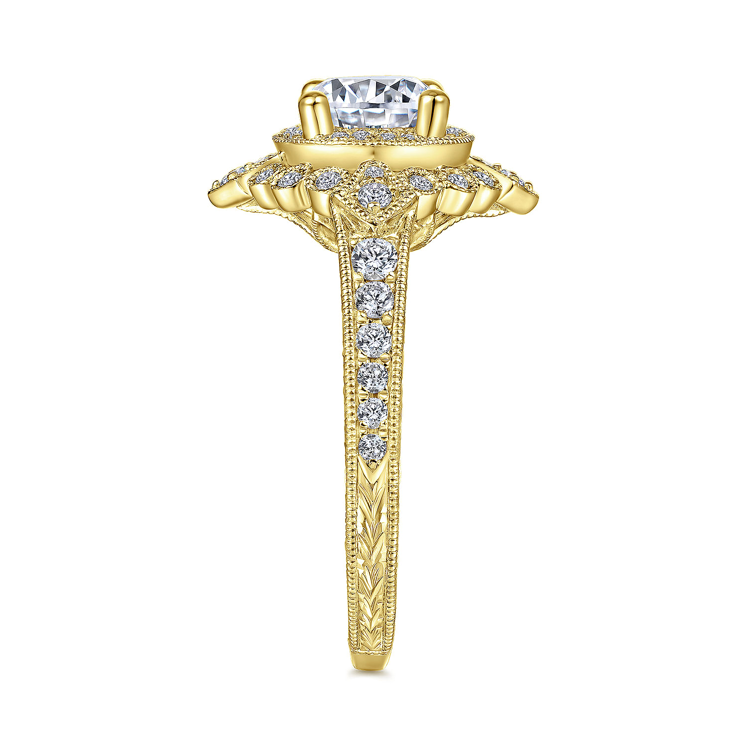 Art Deco 14K Yellow Gold Round Double Halo Diamond Engagement Ring