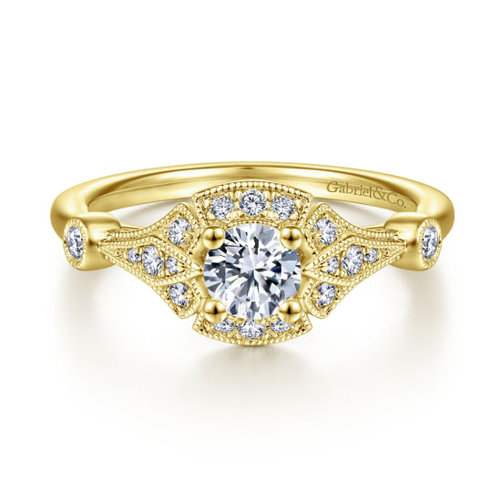Gabriel - Art Deco 14K Yellow Gold Round Halo Complete Diamond Engagement Ring