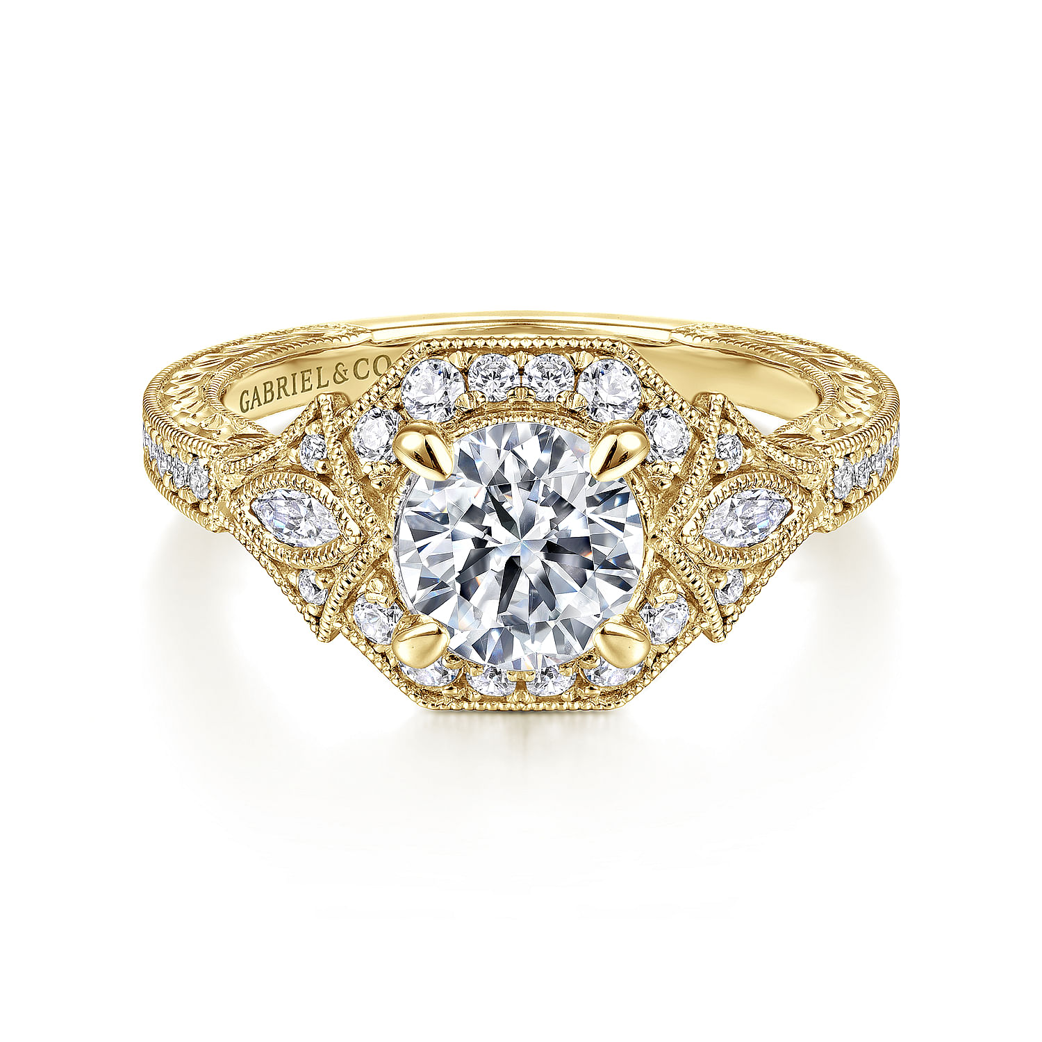 Gabriel - Art Deco 14K Yellow Gold Round Halo Diamond Engagement Ring