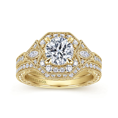 Art Deco 14K Yellow Gold Round Halo Diamond Engagement Ring