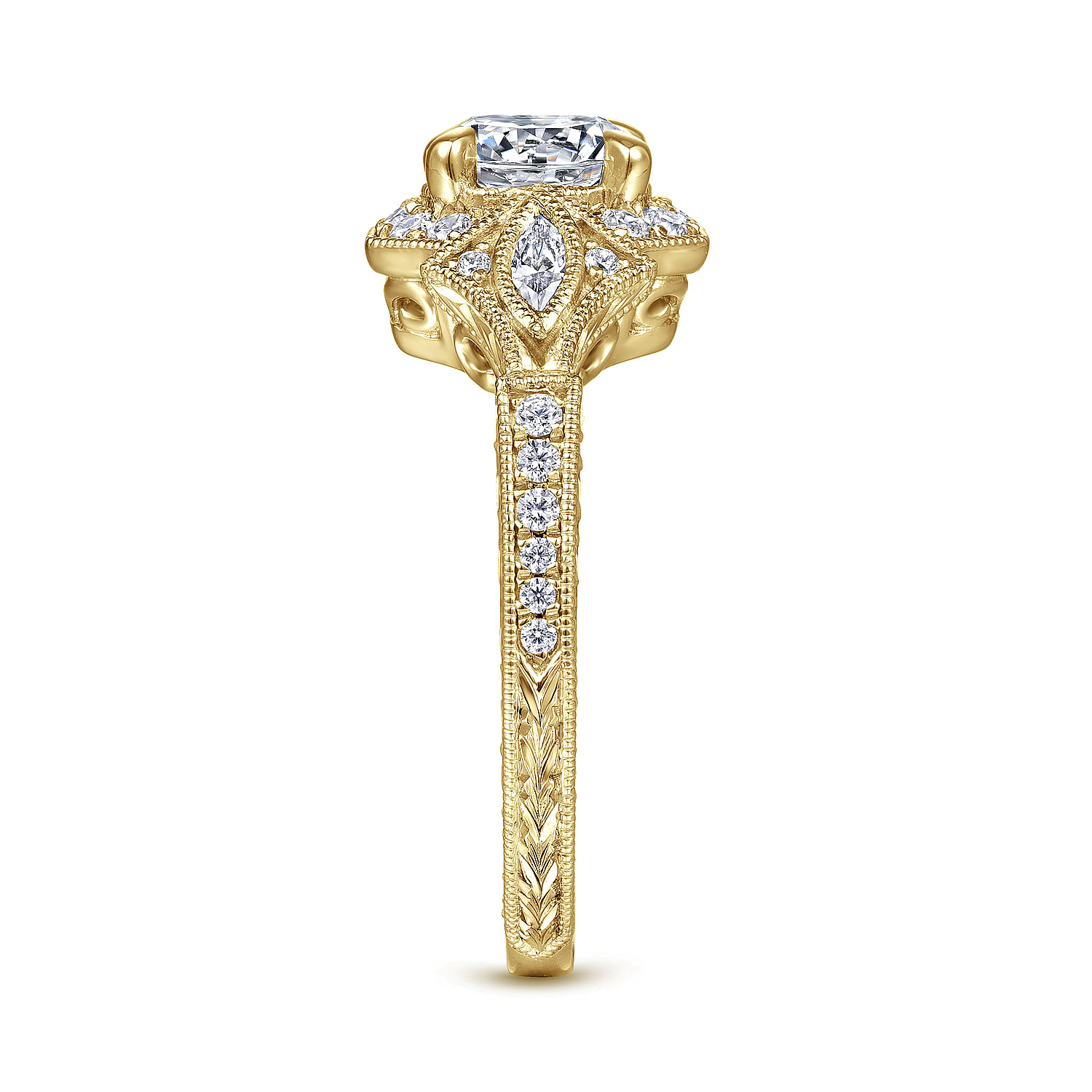 Art Deco 14K Yellow Gold Round Halo Diamond Engagement Ring