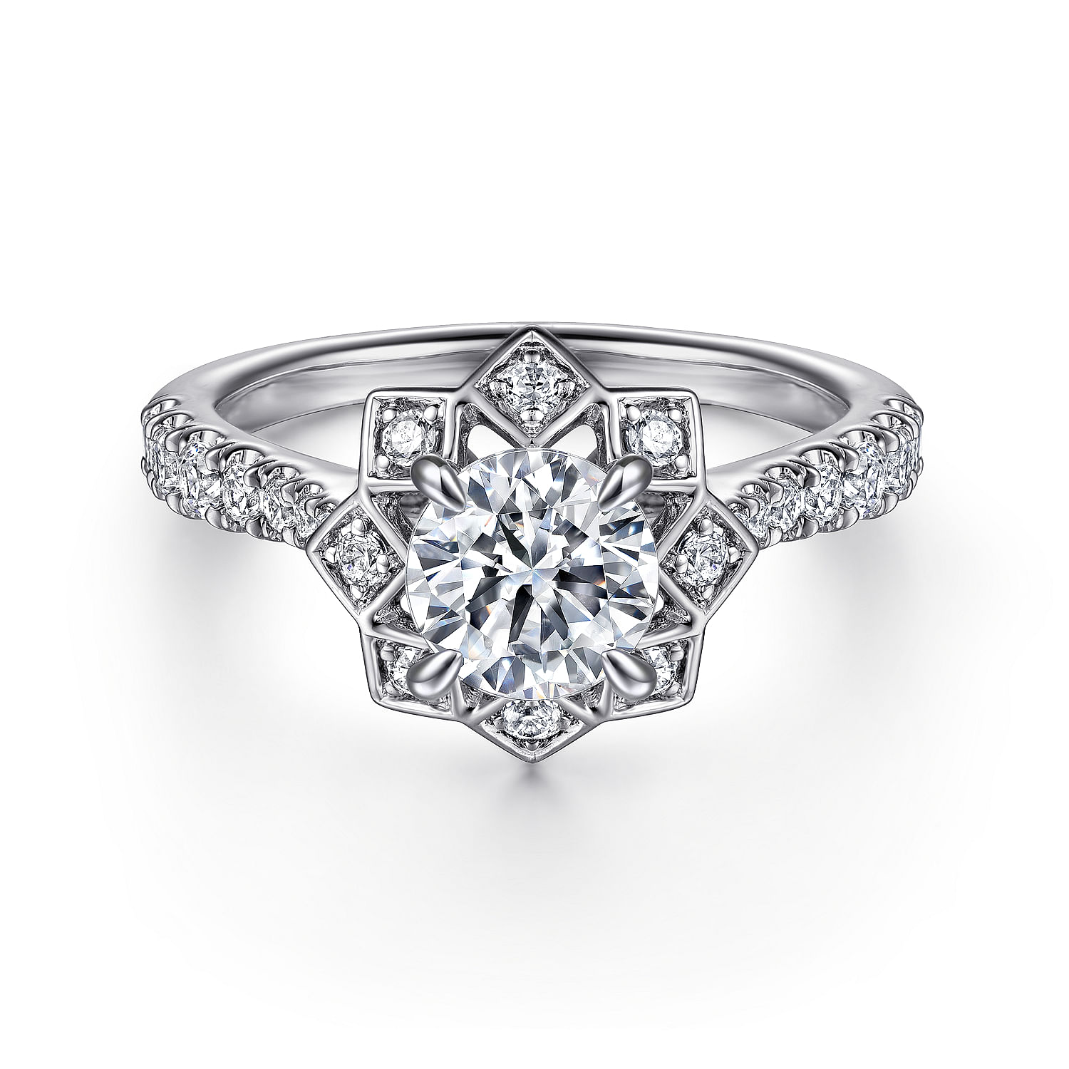 Gabriel - Art Deco Inspired 14K White Gold Floral Halo Round Diamond Engagement Ring