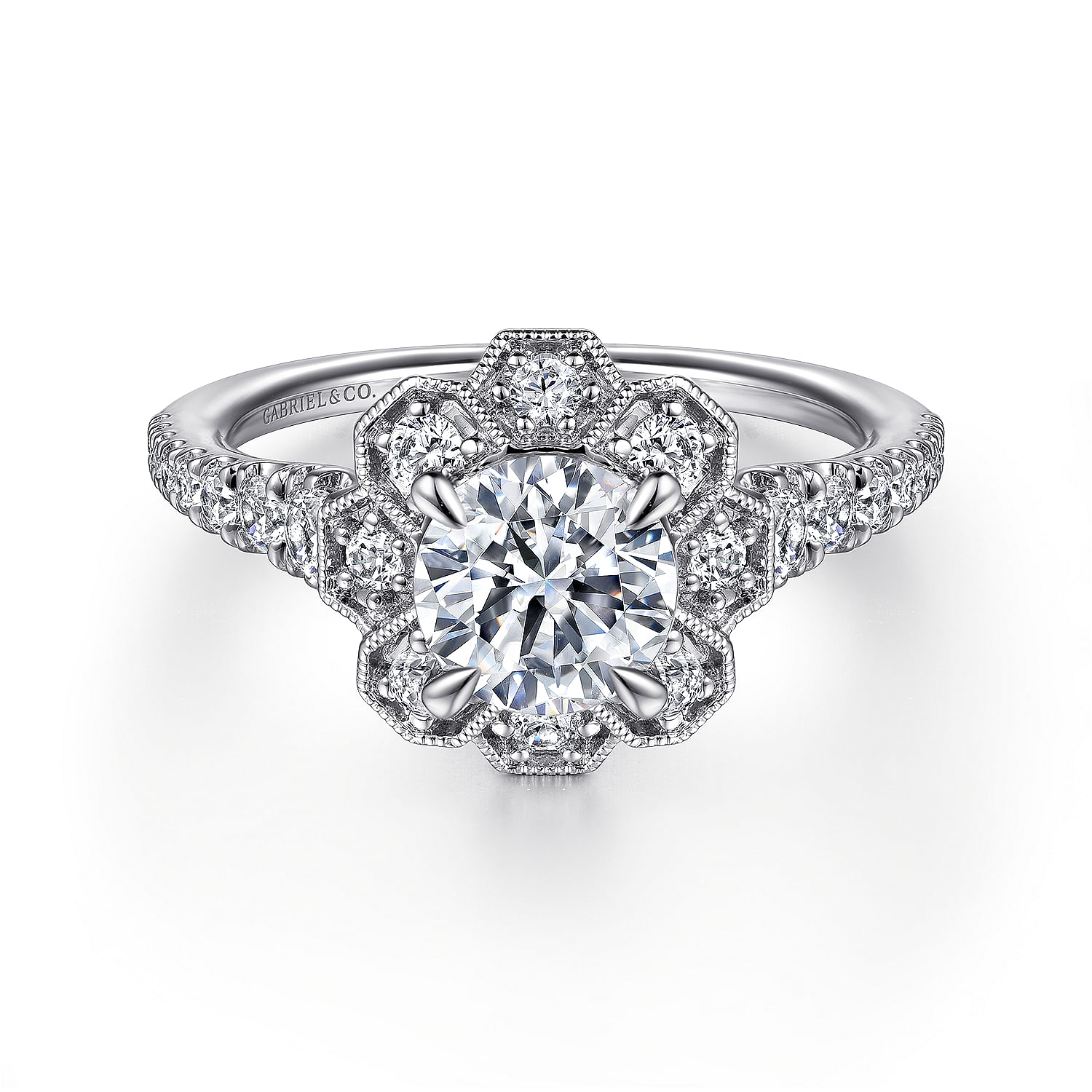 Gabriel - Art Deco Inspired 14K White Gold Floral Halo Round Diamond Engagement Ring