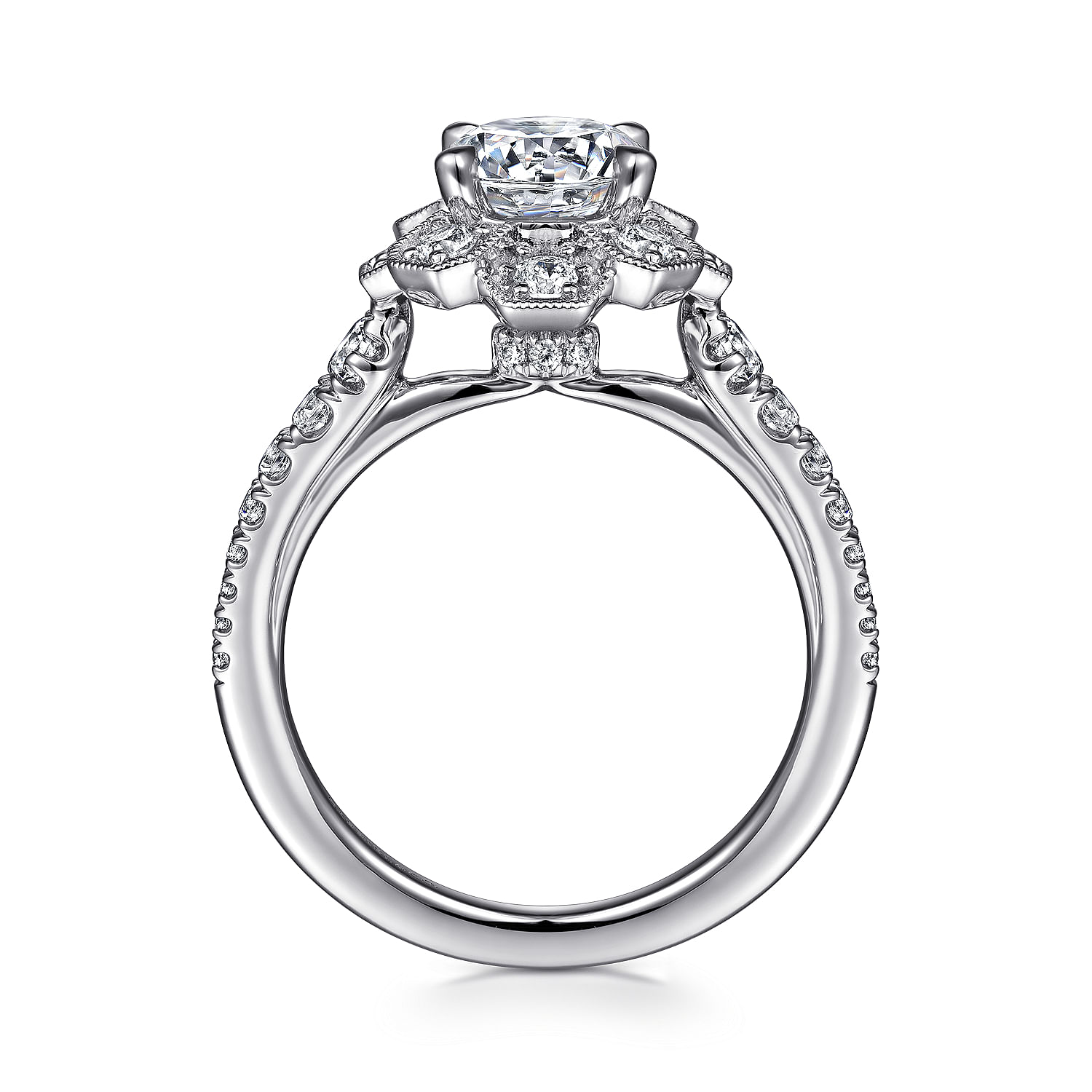 Art Deco Inspired 14K White Gold Floral Halo Round Diamond Engagement Ring