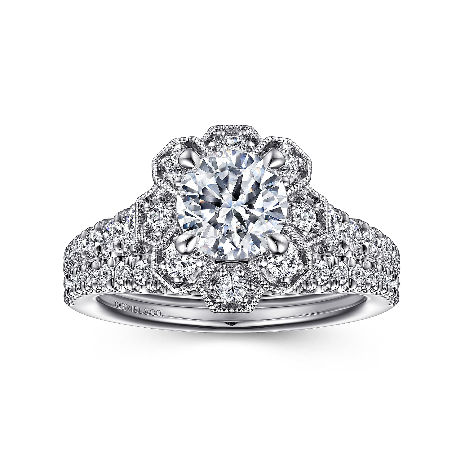 Art Deco Inspired 14K White Gold Floral Halo Round Diamond Engagement Ring