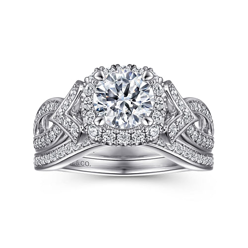 Art Deco Inspired 14K White Gold Halo Diamond Engagement Ring