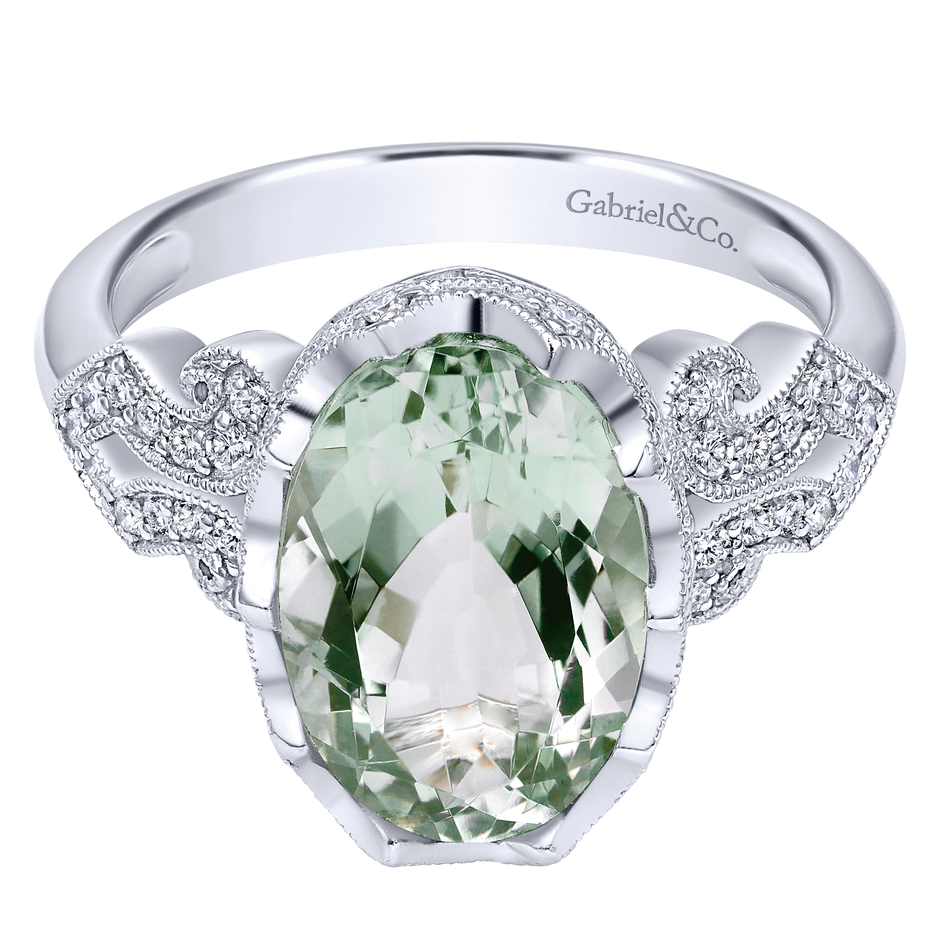 Art Deco Inspired 14K White Gold Oval Green Amethyst and Diamond Ring