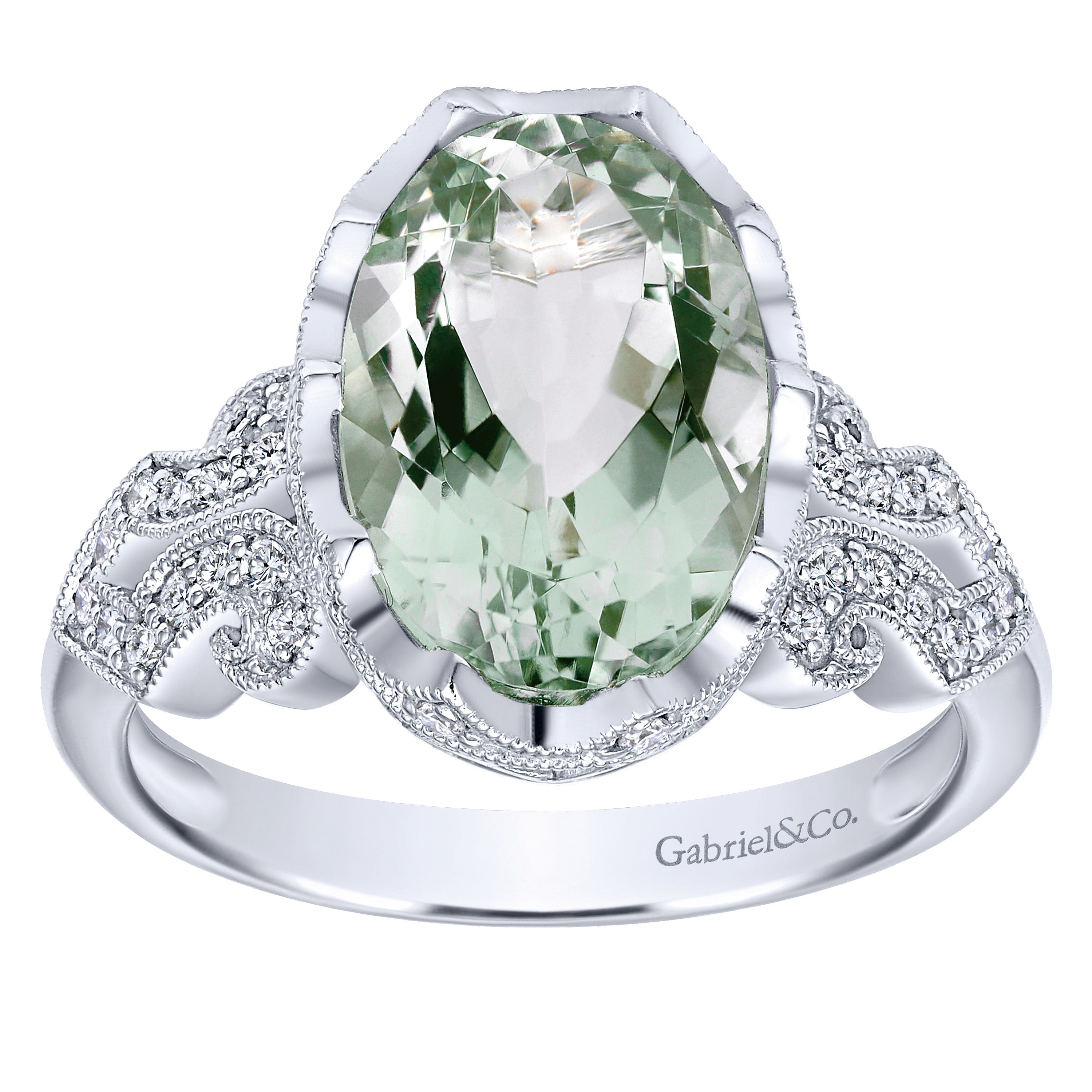 Art Deco Inspired 14K White Gold Oval Green Amethyst and Diamond Ring