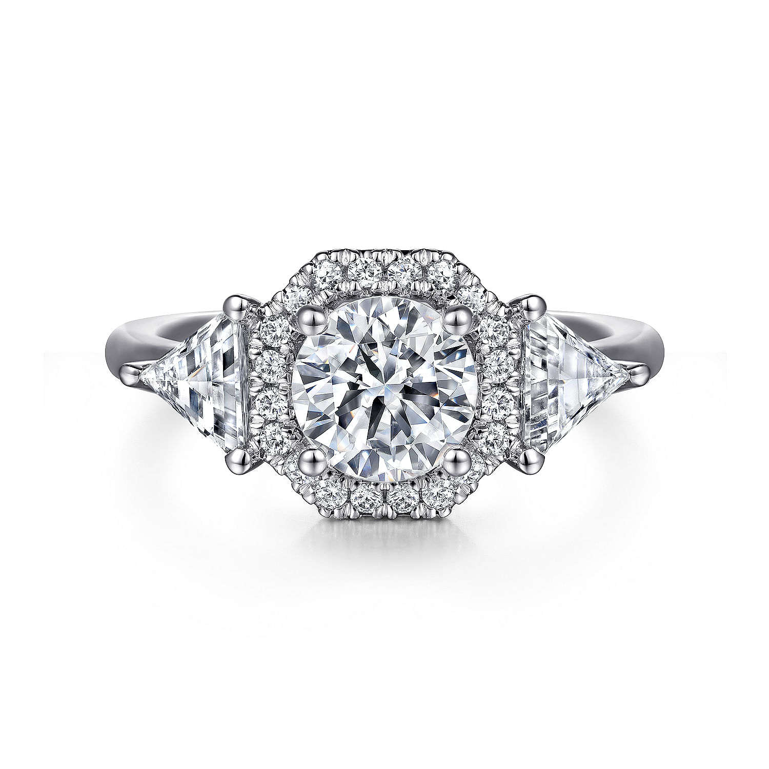 Gabriel - Art Deco Inspired 14K White Gold Round Three Stone Halo Diamond Engagement Ring