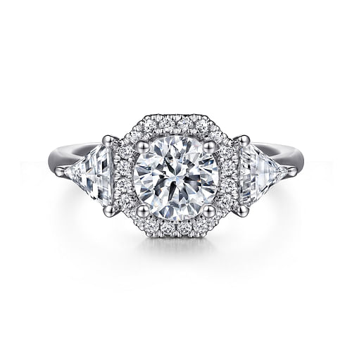 Art Deco Inspired 14K White Gold Round Three Stone Halo Diamond Engagement Ring