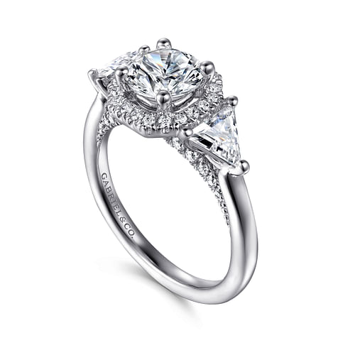 Art Deco Inspired 14K White Gold Round Three Stone Halo Diamond Engagement Ring