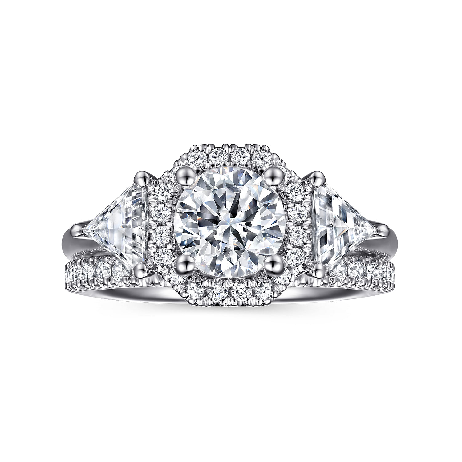 Art Deco Inspired 14K White Gold Round Three Stone Halo Diamond Engagement Ring