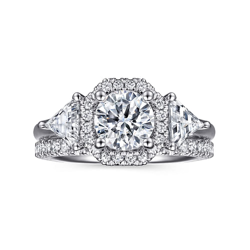 Art Deco Inspired 14K White Gold Round Three Stone Halo Diamond Engagement Ring