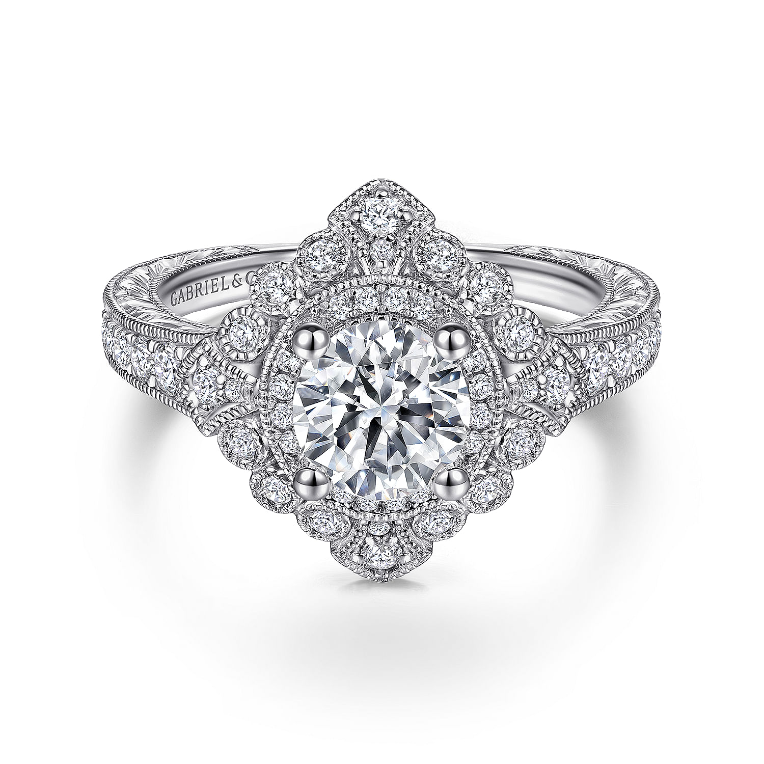 Gabriel - Art Deco Platinum Round Double Halo Diamond Engagement Ring