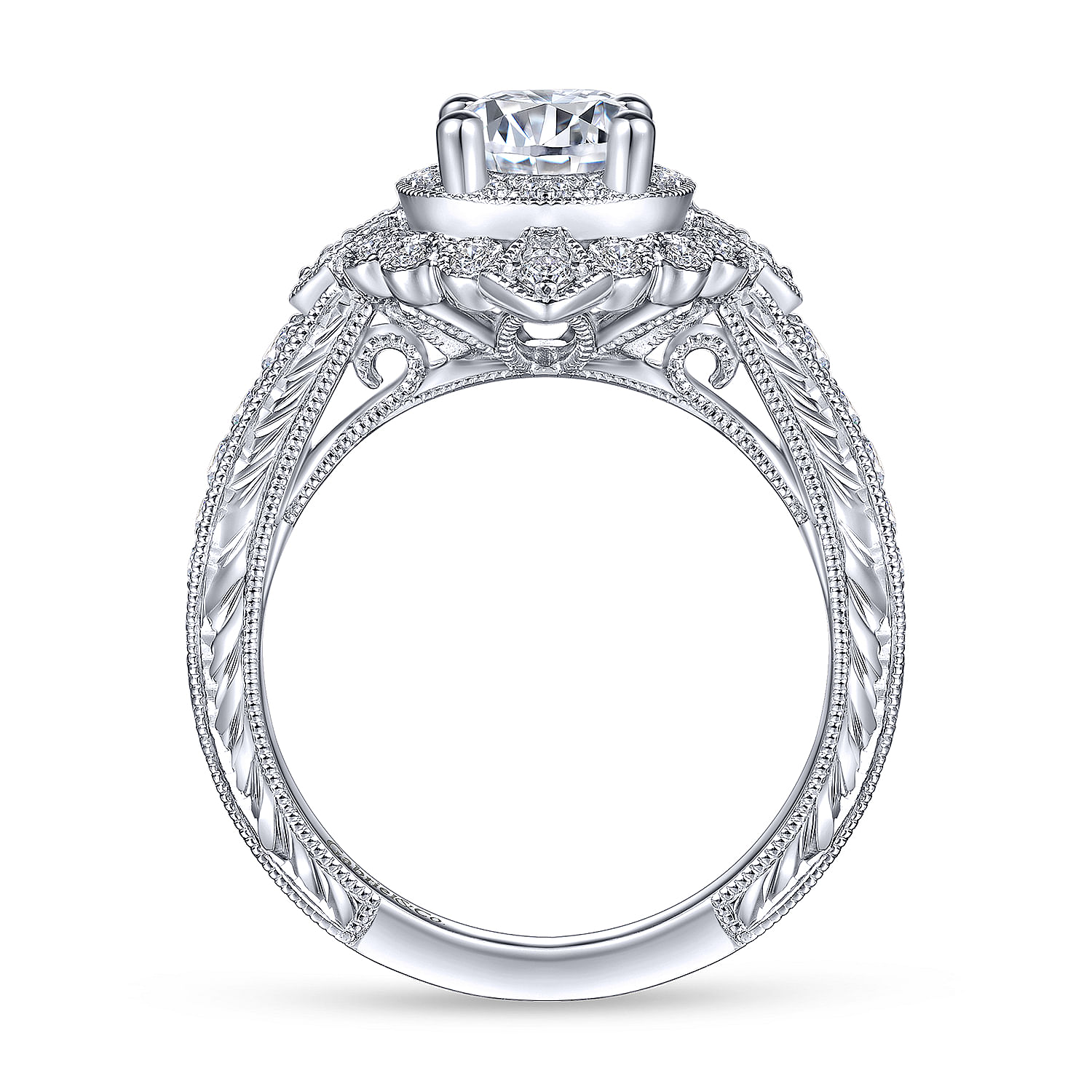Art Deco Platinum Round Double Halo Diamond Engagement Ring