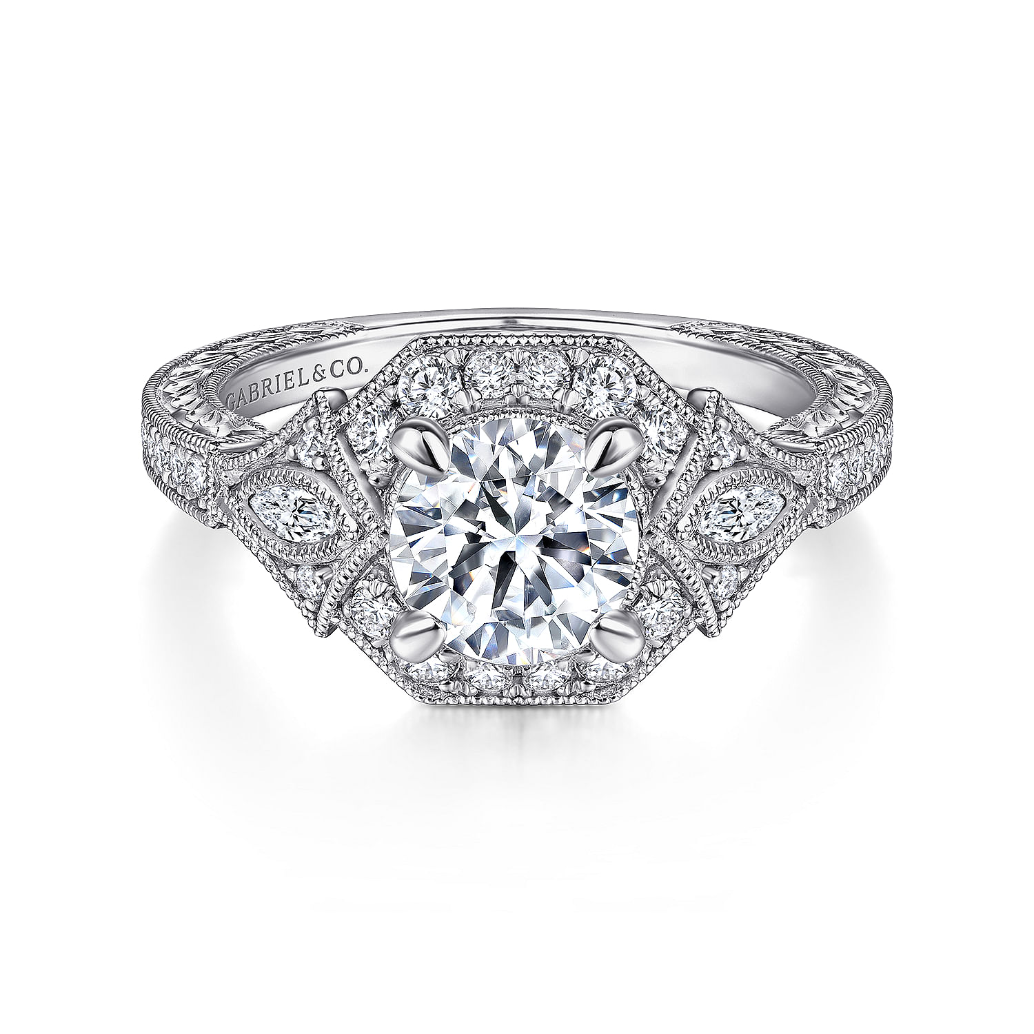 Art Deco Platinum Round Halo Diamond Engagement Ring
