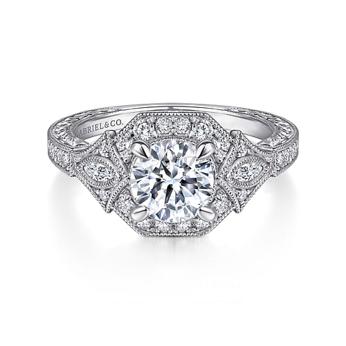 Art Deco Platinum Round Halo Diamond Engagement Ring