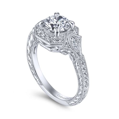 Art Deco Platinum Round Halo Diamond Engagement Ring