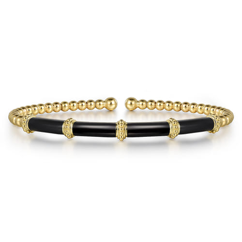 Beaded Bangle Bracelet Cuff 14K Yellow Gold Black Enamel Bujukan