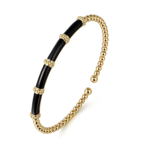 Beaded Bangle Bracelet Cuff 14K Yellow Gold Black Enamel Bujukan