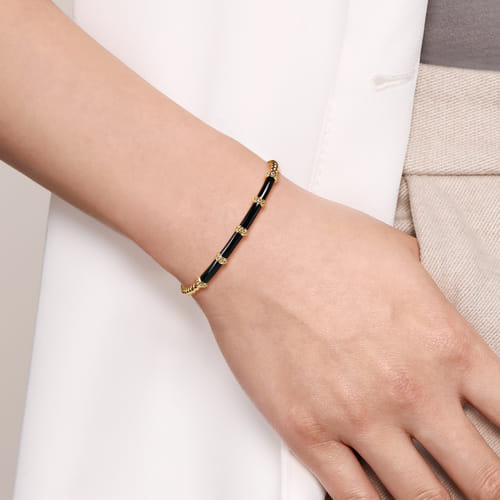 Beaded Bangle Bracelet Cuff 14K Yellow Gold Black Enamel Bujukan