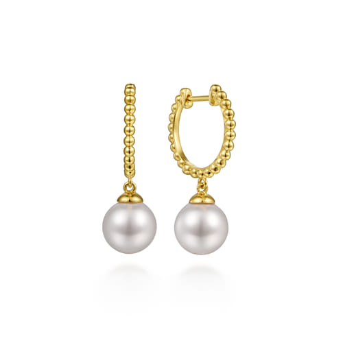 Beaded Huggie Drop Earrings 14K Yellow Gold Pearl 15mm Beaded Huggie Drop Earrings 14K Yellow Gold Pearl 15mm