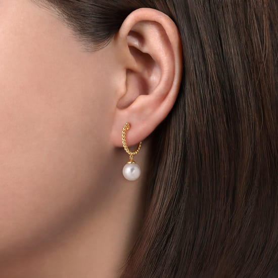 Beaded Huggie Drop Earrings 14K Yellow Gold Pearl 15mm angle 2