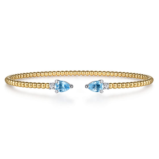 Beaded Open Bangle Bracelet 14K White and Yellow Gold Diamond and Blue Topaz 0.09ct Bujukan