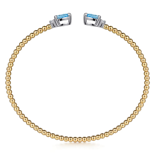 Beaded Open Bangle Bracelet 14K White and Yellow Gold Diamond and Blue Topaz 0.09ct Bujukan