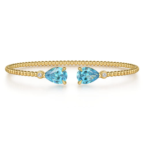 Beaded Open Bangle Bracelet 14K Yellow Gold Diamond and Blue Topaz 0.07ct Bujukan
