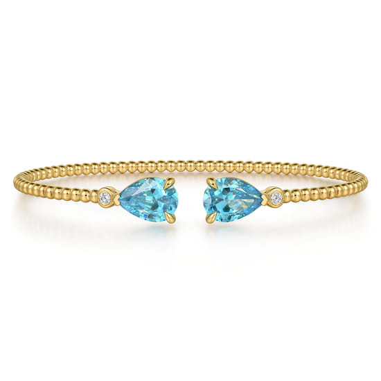 Beaded Open Bangle Bracelet 14K Yellow Gold Diamond and Blue Topaz 0.07ct Bujukan