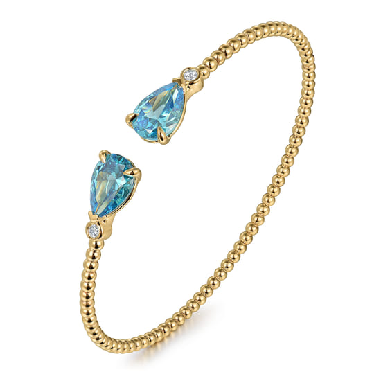 Beaded Open Bangle Bracelet 14K Yellow Gold Diamond and Blue Topaz 0.07ct Bujukan angle 2