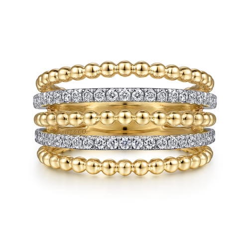 Beaded Wide Band Easy-Stack Ring 14K Yellow Gold Diamond 0.4ct Bujukan