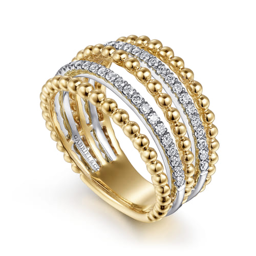 Beaded Wide Band Easy-Stack Ring 14K Yellow Gold Diamond 0.4ct Bujukan