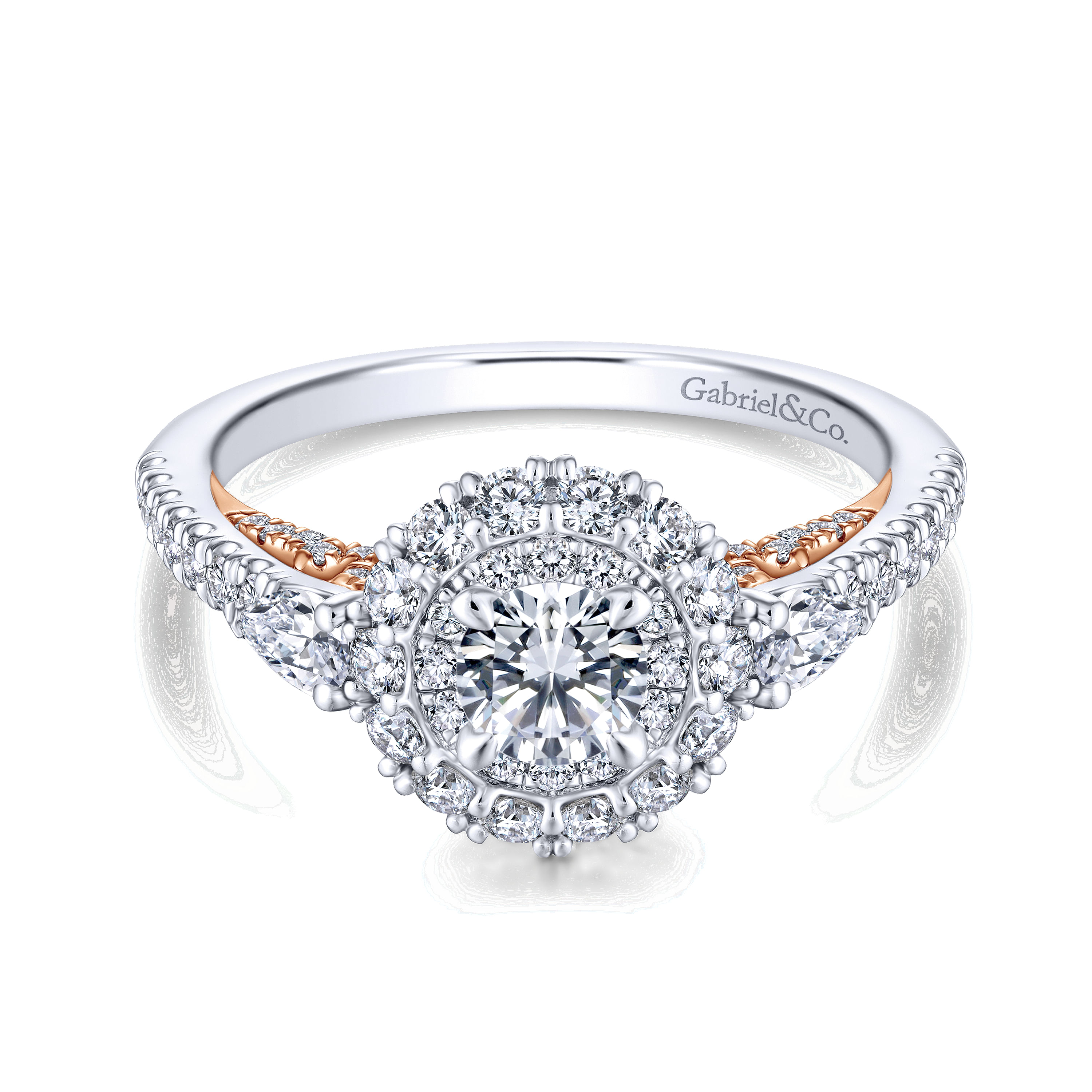 Gabriel - Complete 14K White-Rose Gold Round Three Stone Double Halo Diamond Engagement Ring