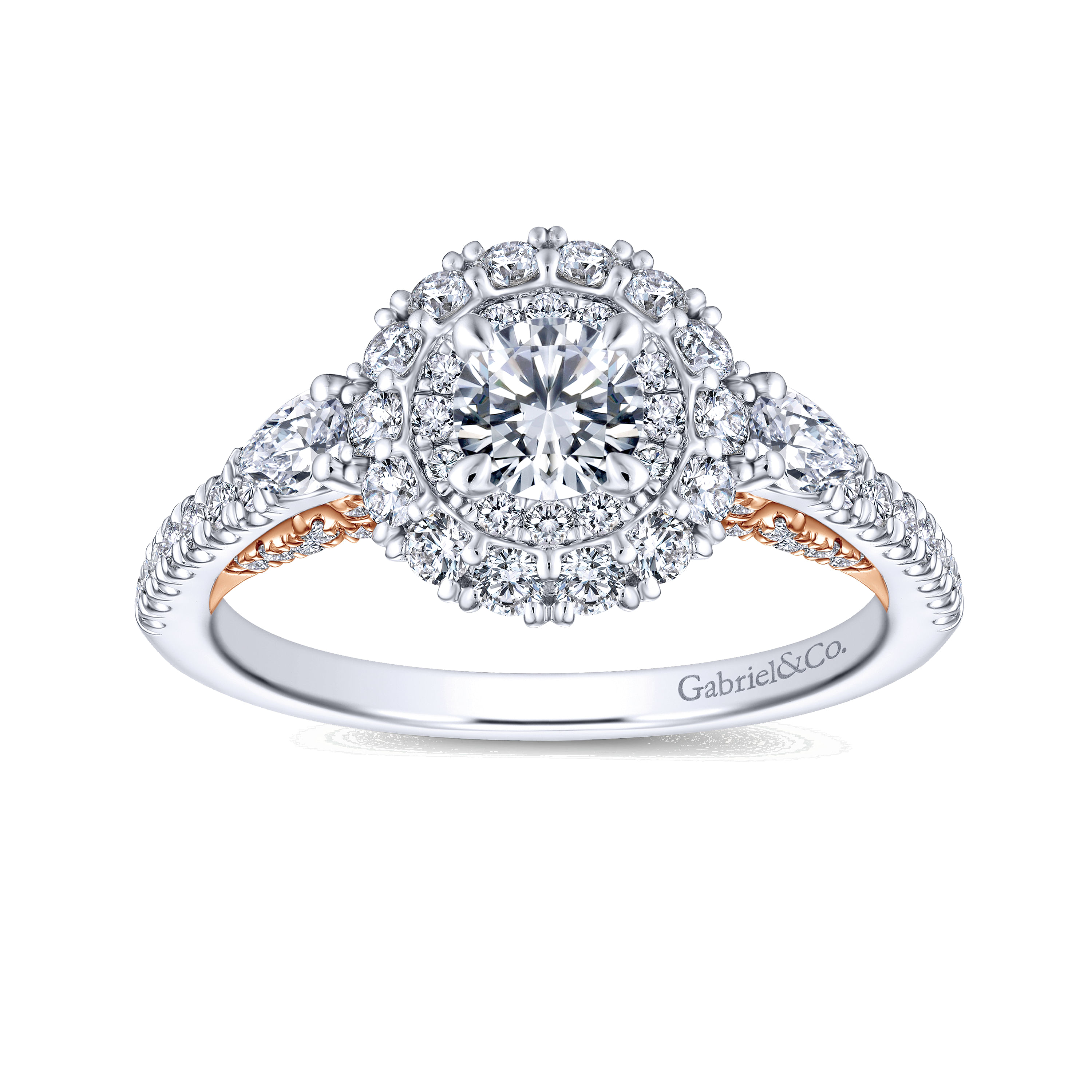 Complete 14K White-Rose Gold Round Three Stone Double Halo Diamond Engagement Ring