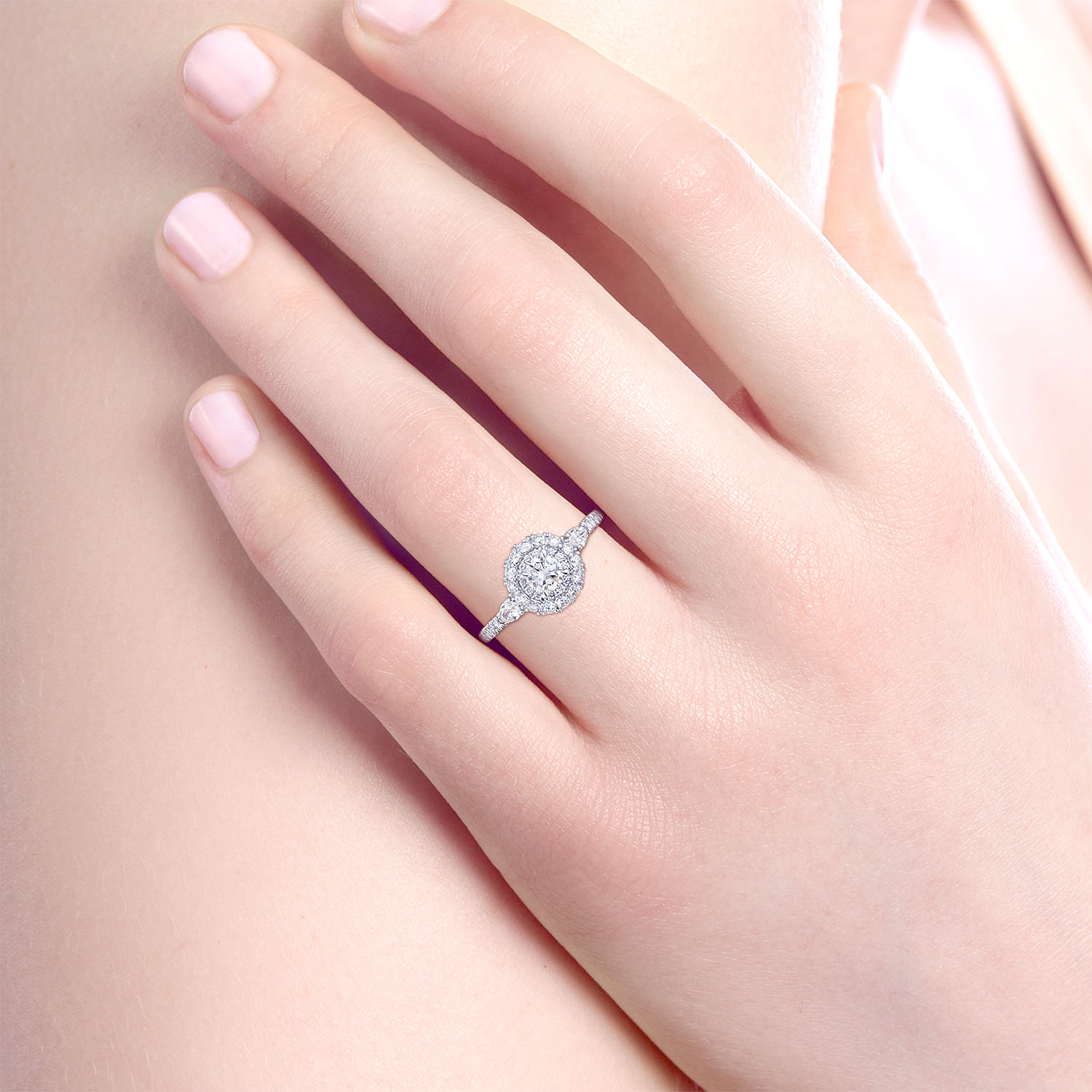 Complete 14K White-Rose Gold Round Three Stone Double Halo Diamond Engagement Ring