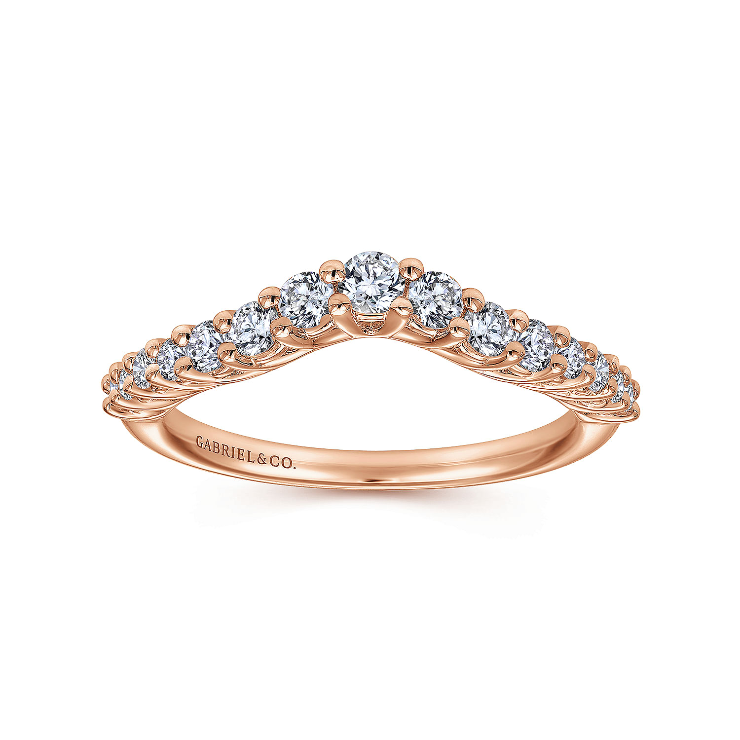 Curved 14K Rose Gold Shared Prong Diamond Wedding Band