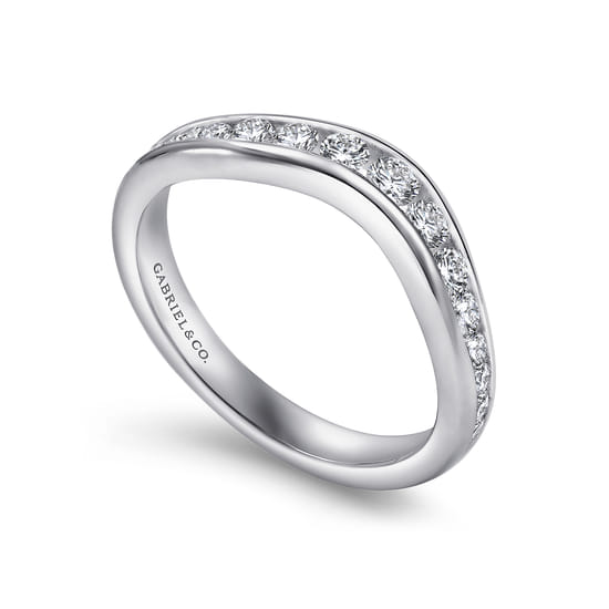 Curved 14K White Gold Channel Set Diamond Wedding Band angle 3