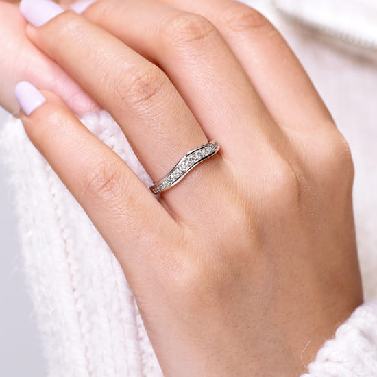 Curved 14K White Gold Channel Set Diamond Wedding Band angle 5