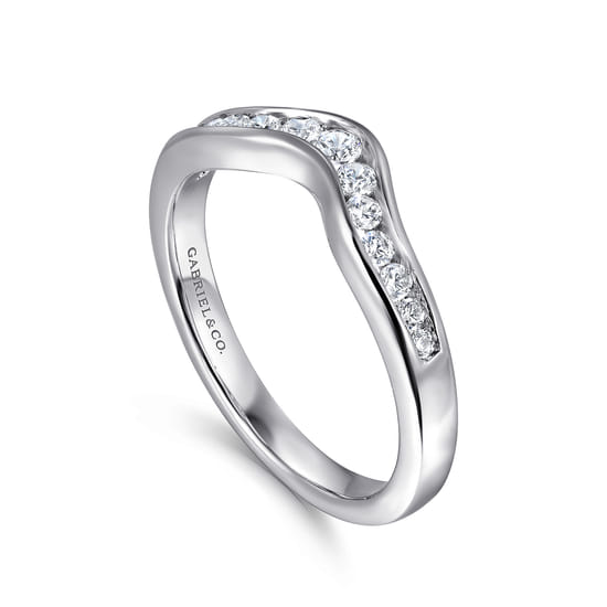 Curved 14K White Gold Channel Set Diamond Wedding Band angle 3