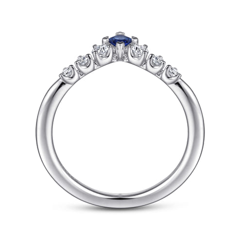 Curved 14K White Gold Corner Prong Princess Cut Sapphire and Prong Set Round Diamond Anniversary Band
