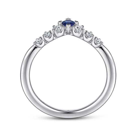 Curved 14K White Gold Corner Prong Princess Cut Sapphire and Prong Set Round Diamond Anniversary Band angle 2