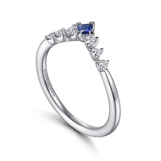 Curved 14K White Gold Corner Prong Princess Cut Sapphire and Prong Set Round Diamond Anniversary Band angle 3