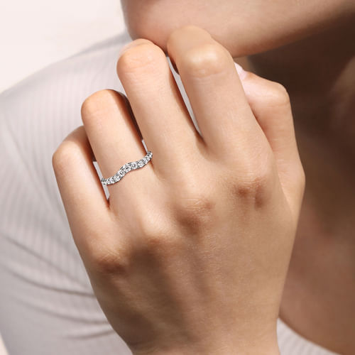 Curved 14K White Gold French Pavé Diamond Wedding Band