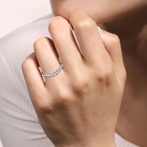 Curved 14K White Gold French Pavé Set Diamond Wedding Band