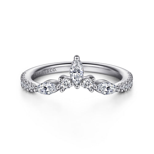 Curved 14K White Gold Marquise and Round Diamond Anniversary Band