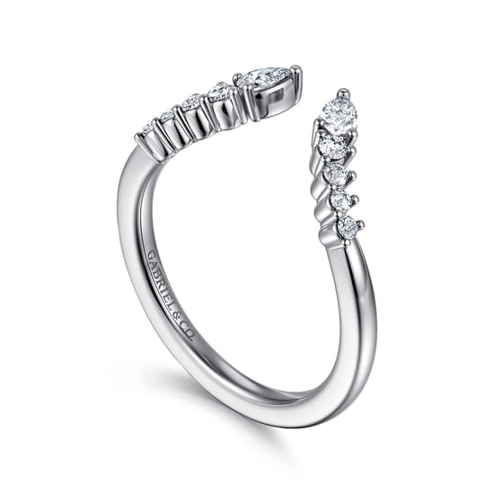 Curved 14K White Gold Pear and Round Diamond Open Anniversary Ring angle 3 Curved 14K White Gold Pear and Round Diamond Open Anniversary Ring angle 3