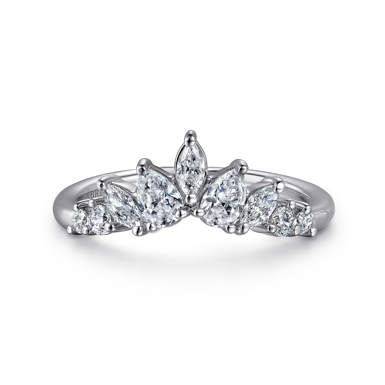 Curved-14K White Gold Round 、 Pear Shaped and Marquise Diamond Anniversary Band